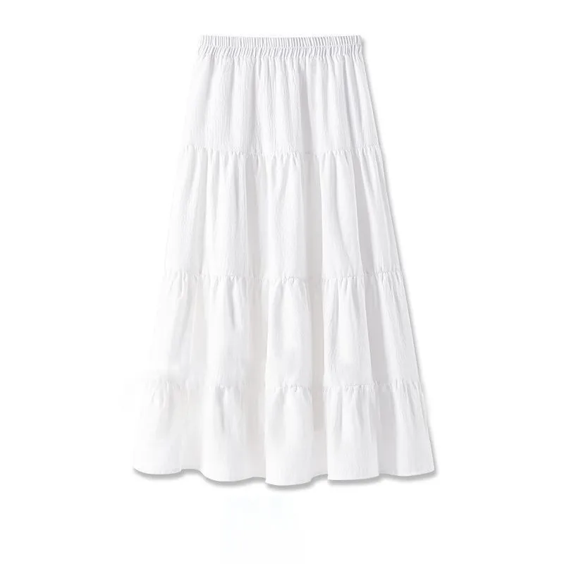 White A-Line Midi Skirt Women's Puffy Versatile Cute Slimming Pleated Umbrella Cake Skirt Commute High Waist Loose Fit Long