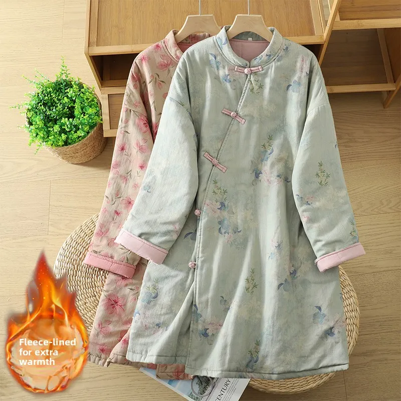 

Winter Thiened Long Cotton Coat Women's round Ne Buttoned Floral Print Traditional Chinese Sle Robe Warm Comfortable Ja...