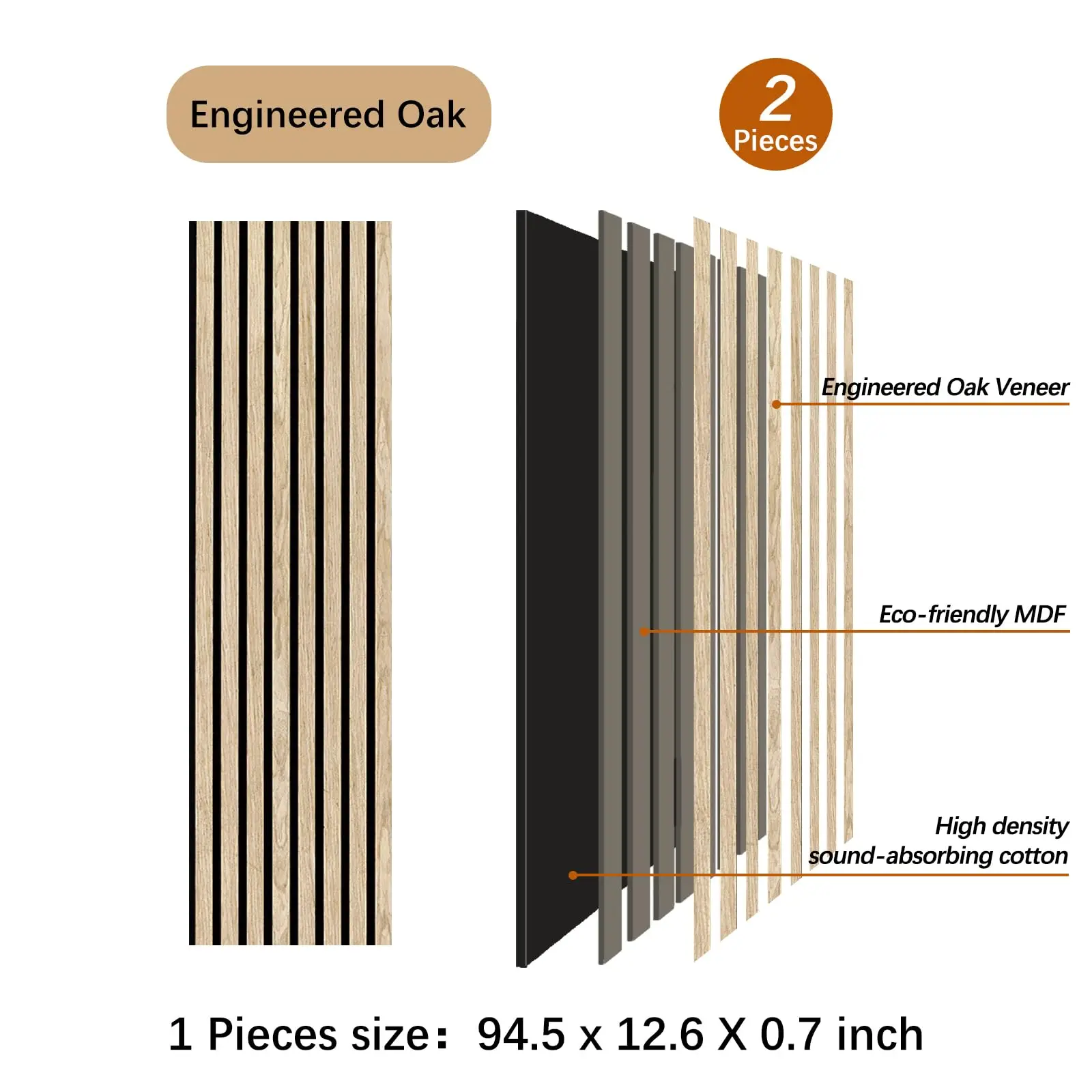 Oak Wood Veneer Slat Wall Paneling - 2 Pack Acoustic Panels for Wall and Ceiling