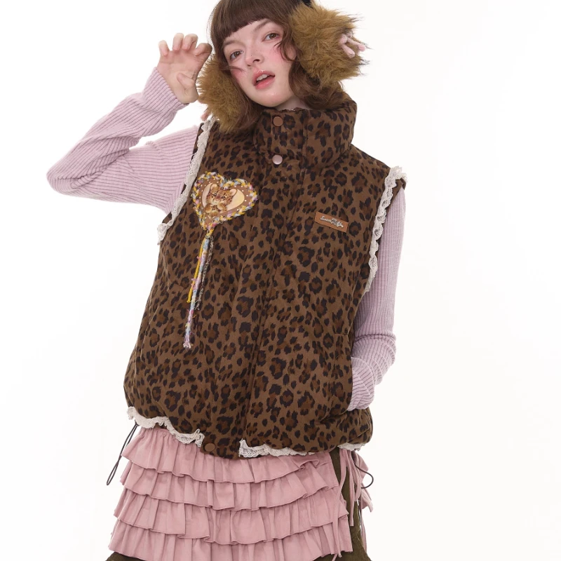 Herfst Winter Verdikte Bruine Luipaard Kanten Afwerking Dames Katoenen Jas Amerikaanse Retro Zoete Koele Veelzijdige Warme Vest Jas Dames