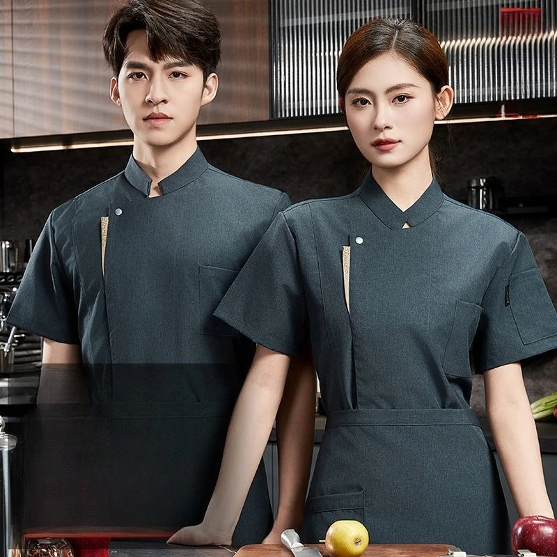 

Western Restaurant Hotel Baking Fast Food Neutral Chef Uniform Short Sleeved Stand Collar Kitchen Jacket Apron Hat Men and Women