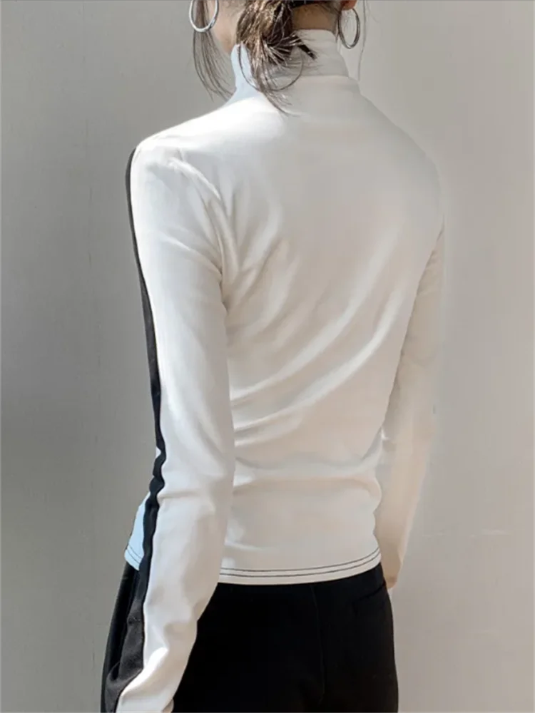 Half High Neck Tshirt Women T-shirts Contrasting Color Blouse Spliced Tshirt Long Sleeved T-shirt For Women Unique Slim Fit Tee