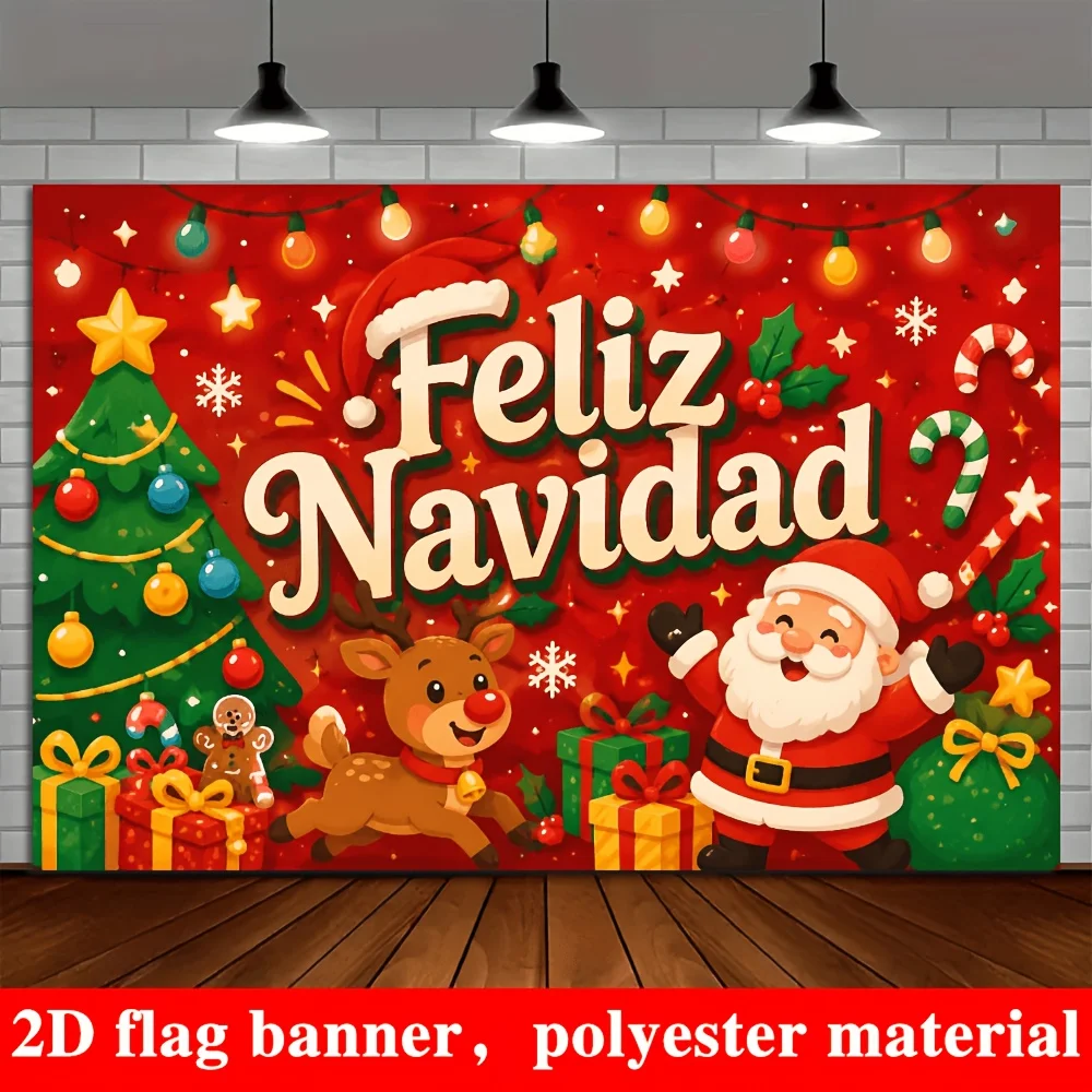 Christmas-themed banner background fabric, featuring a Christmas tree, Santa Claus, red-nosed reindeer...