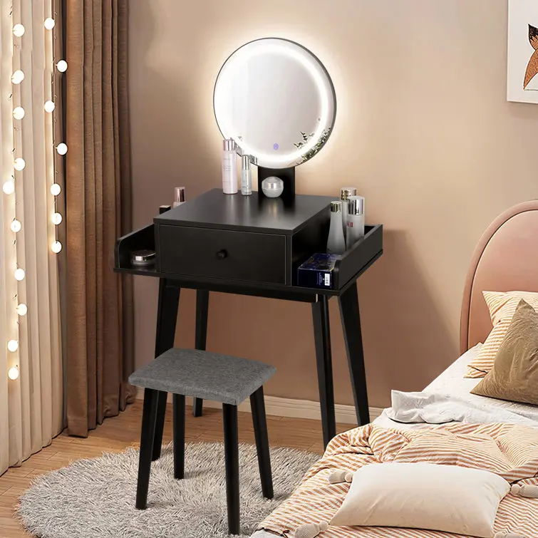 Comò intelligente da 28 pollici di larghezza con sgabello e specchio Comò elegante, moderno e semplice