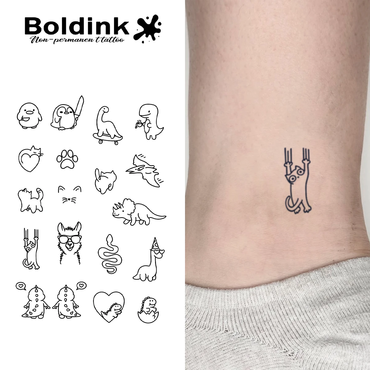 BOLDINK Cute Animal Tattoo Stickers Cartoon Dinosaur Cat Penguin Designs Waterproof Long-Lasting Color