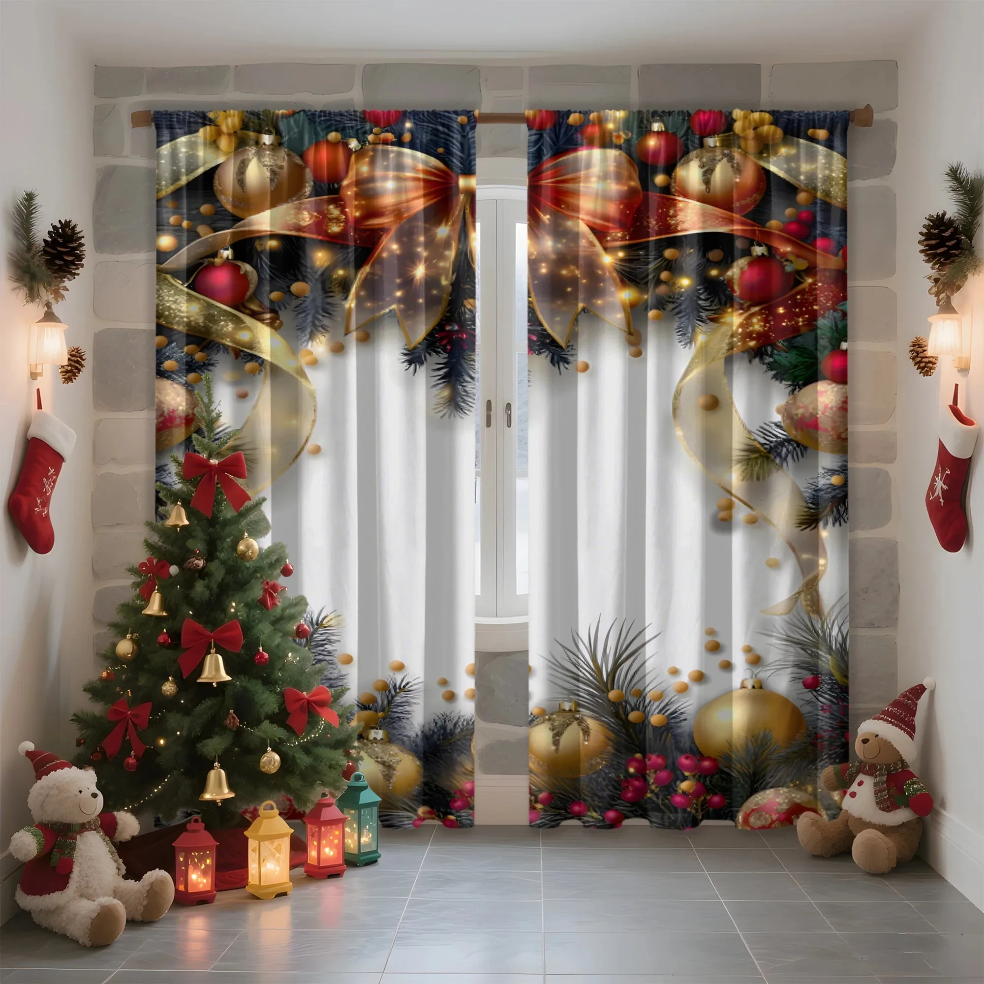 2PCS Digital Print Curtains, Golden Ribbon Bow Christmas Baubles Pine Branches White, Elegant for Living Room Bedroom Decor