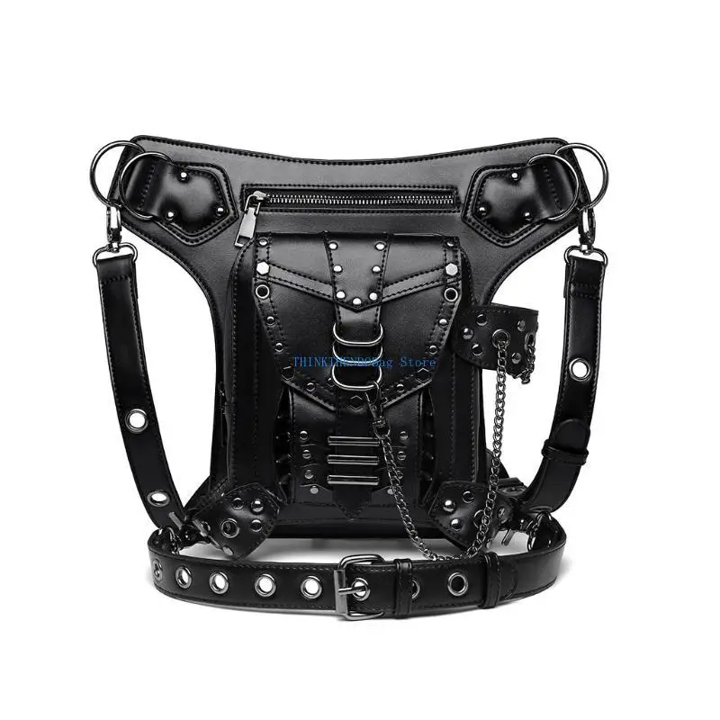 

63HC Women Shoulder Bag Black Gothic Rock PU Leather Steampunk Handbag Waist Pack