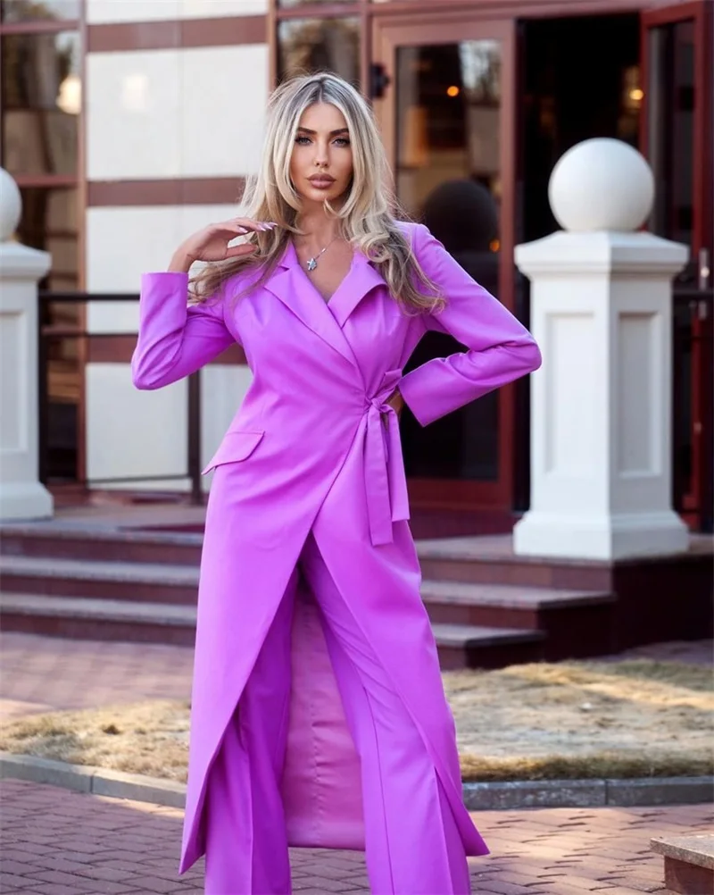 Feito sob encomenda ternos femininos conjunto pant blazer longo roxo + calças smoking do casamento com cinto vestido de baile formal vestido de festa traje