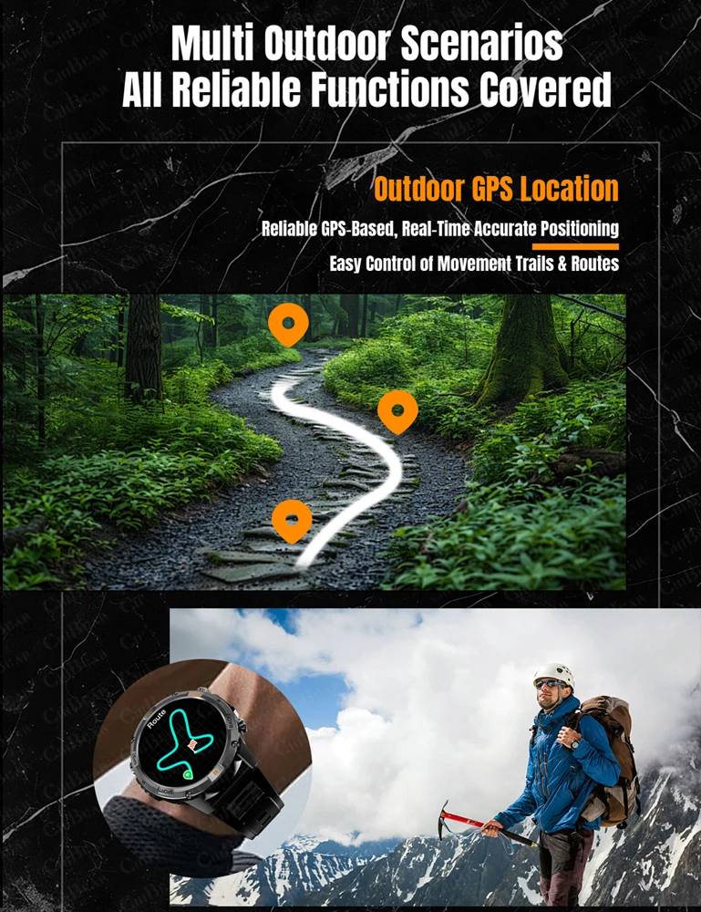 المدمج في نظام تحديد المواقع العسكرية في الهواء الطلق ساعة ذكية الرجال 580mAh بطارية البوصلة BT دعوة مصباح ليد جيب معدل ضربات القلب مقاوم للماء Smartwatch رجل