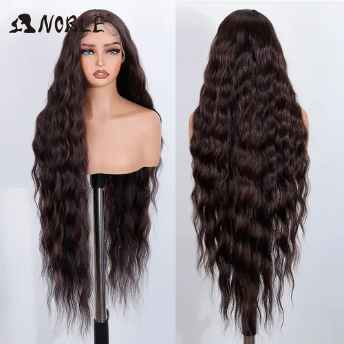 Peluca con malla frontal sintética Noble, peluca marrón Chocolate de 36 "", peluca ondulada con cuerpo de encaje para mujer, peluca con malla frontal, peluca de Cosplay Rubio degradado