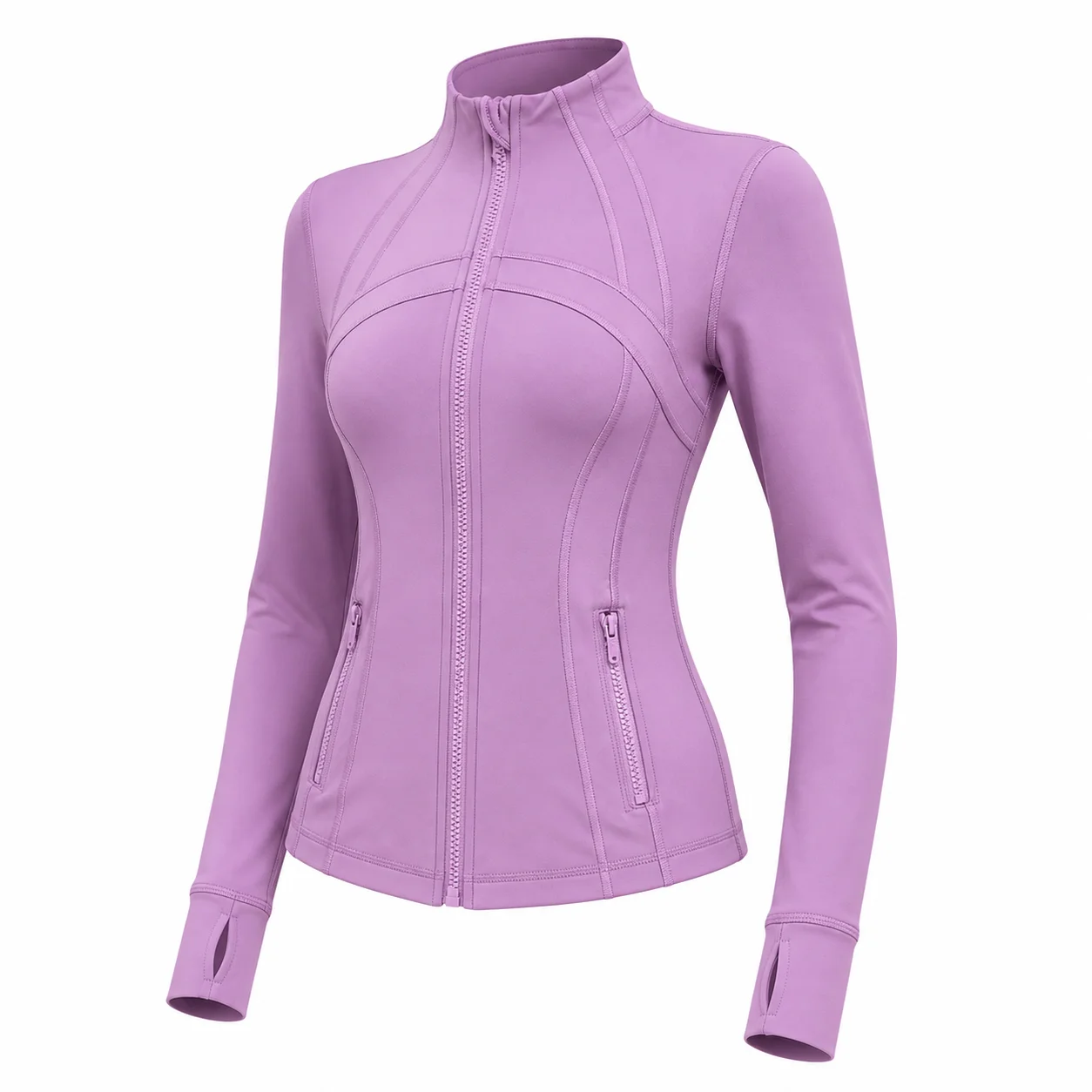 Women's Mauve Purple Slim Fit Full Zip Sports Jacket Stand Collar Long Sleeve Thumbhole Workout Running Yoga Outerwear