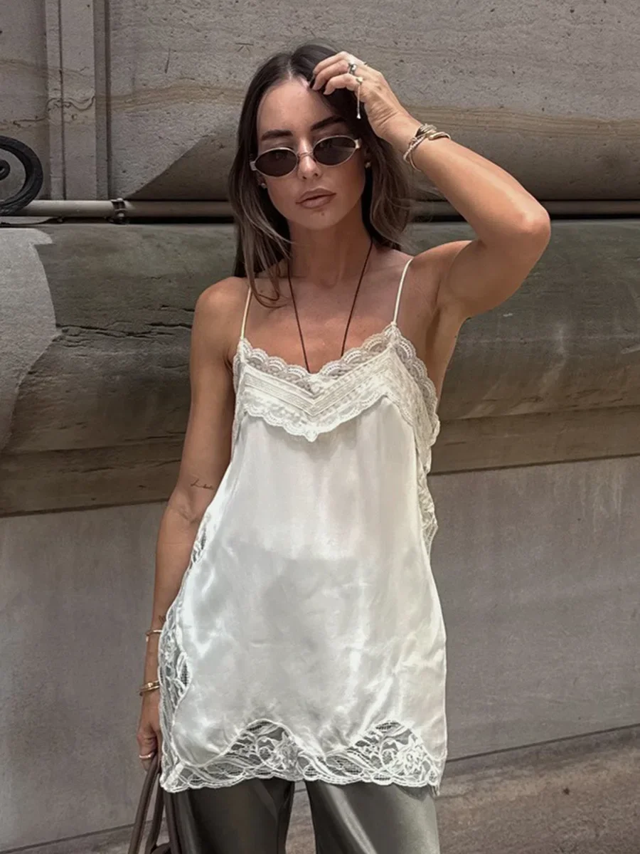 

Sumuyoo 2026 Spring Summer New Lace Strap Splicing Loose and Skinny Look Split Waist Casual Fashion Style