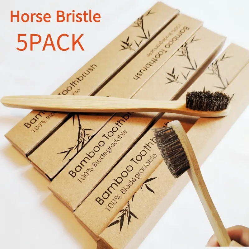 5 Pack Horse Bristles Bamboo Toothbrushes Soft Natural Bristle Wooden Toothbrush Compostable Biodegradable Zero Waste