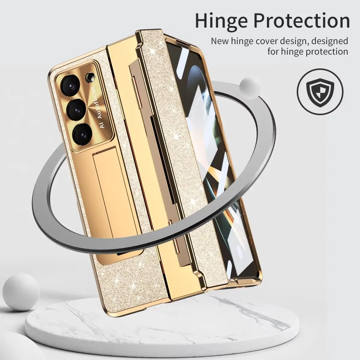 

For Samsung Galaxy Z Fold 5 6 Z Fold 4 Z Fold 3 5G Case with Screen Protector Luxury Frosting One-Piece Plating Stand Cover Gold