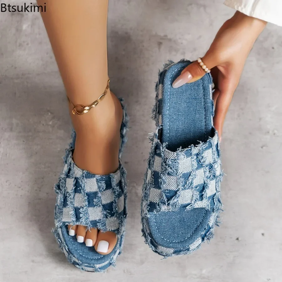 2024 Women's Summer Thick Soled Denim Sandals Fashion Checkerboard One Line Beach Outdoor Slippers Elevated Sandals Woman Shoes