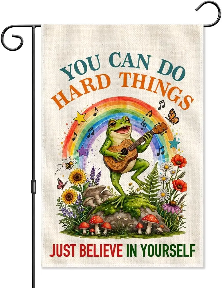 You Can Do Hard Things Garden Flag, Motivational Frog Mushroom Flag for Outside Porch Lawn, Rainbow LGBTQ Pride Month Yard S kkz