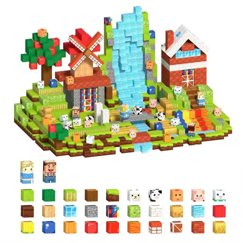 Rural Magnetic Building Set, Random Pattern Farm Life Construction Toys, Universal Compatible Stackable Cubes, Children's DIY Scenic Farm Construction Toys, Educational STEM Puzzle Set, Expandable Magnetic Building Blocks, Creative Boys and Girls Play Set