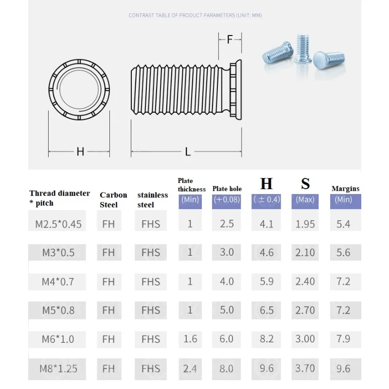 M2.5 M3 M4 M5 M6 M8 M10 Self Clinching Screw Studs Pressure Rivet Screw Carbon Steel Zinc Plated FH Flush Head Studs