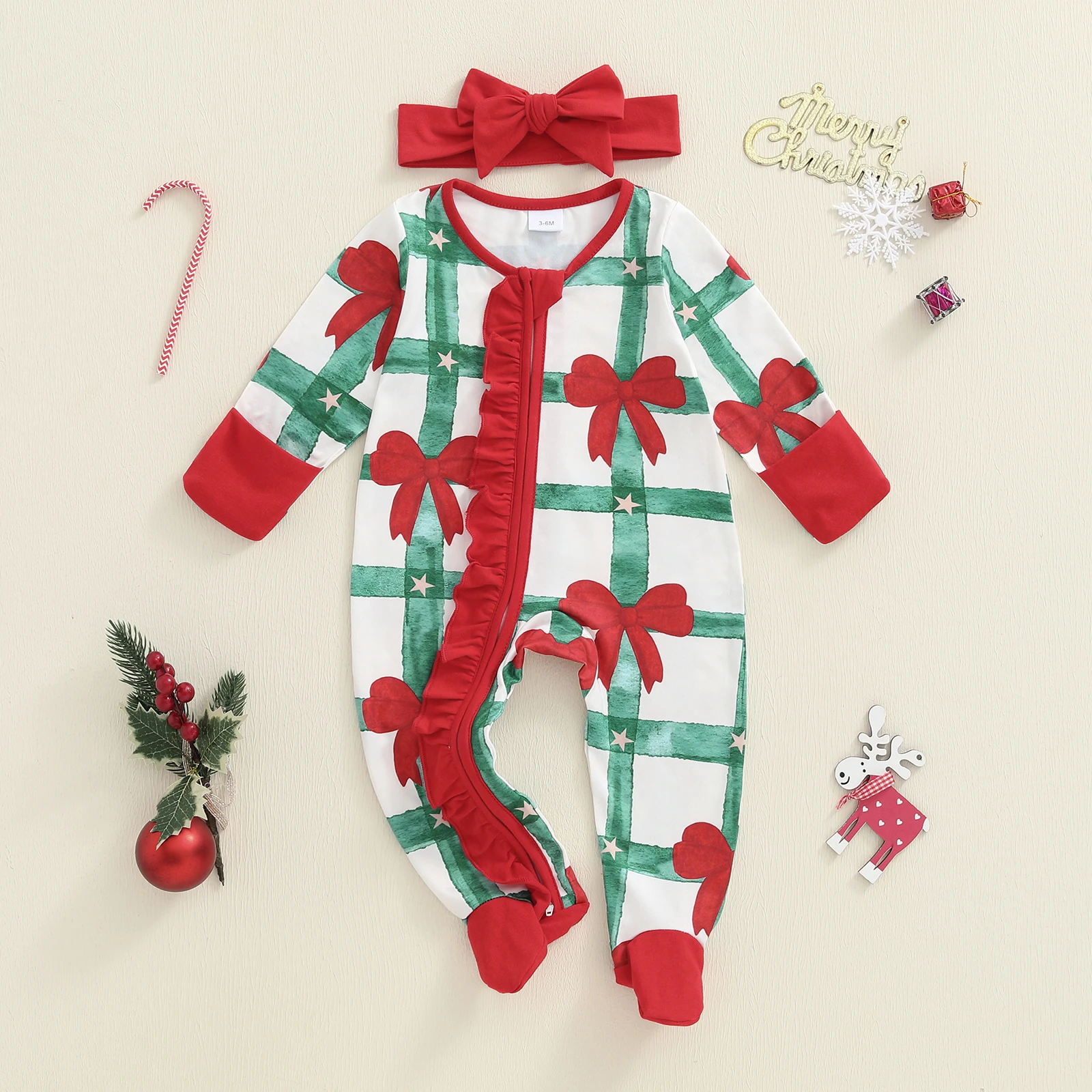 Tregren 0-9M Newborn Baby Girl Christmas Romper Bow Print Long Sleeve Zip Up Round Neck Footed Infant Jumpsuit with Headband