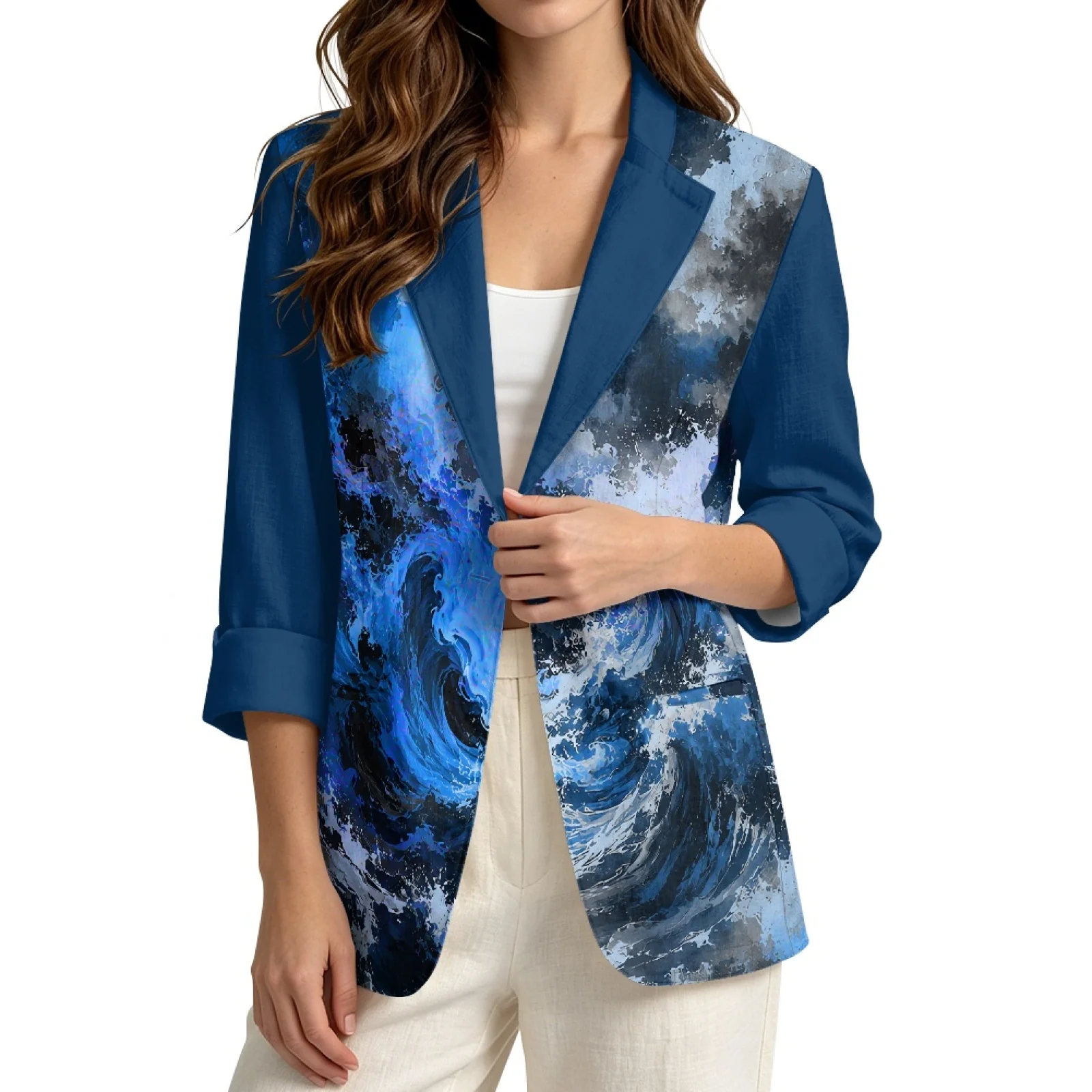 PENSTROLL Lightweight Linen Style Daily Shrug Casual Outerwear Cover Up for Home Blue Ocean Wave Print
