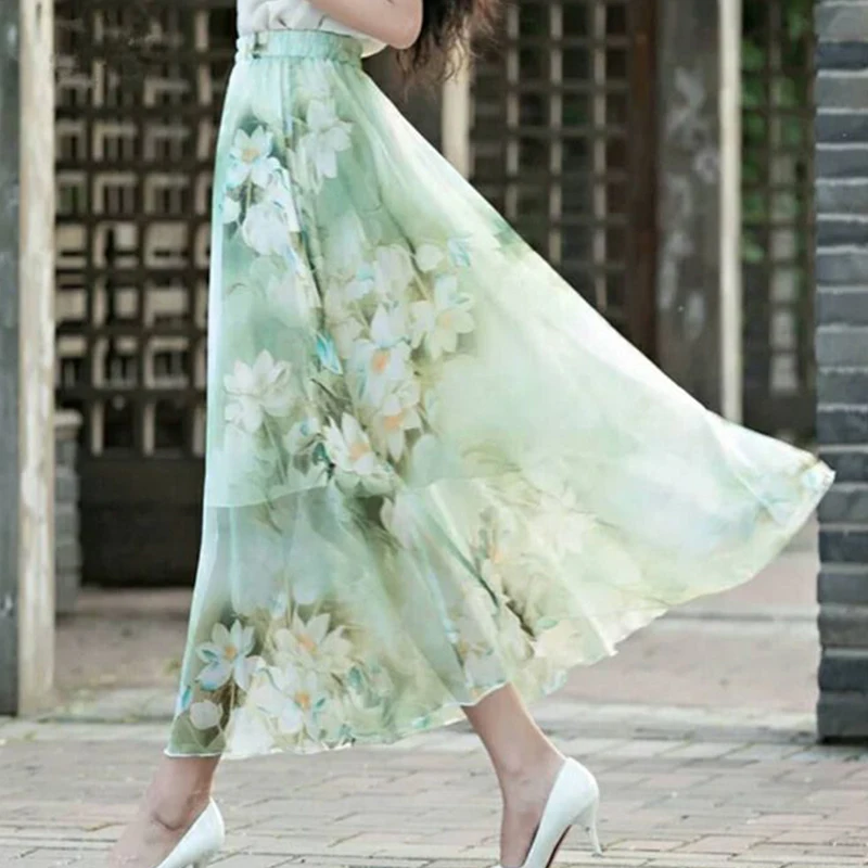 

Summer New Elegant Fashion Aesthetic Sweet Gentle Young Style Prairie Chic Casual Elastic Band Printed Floral Long Skirt Women