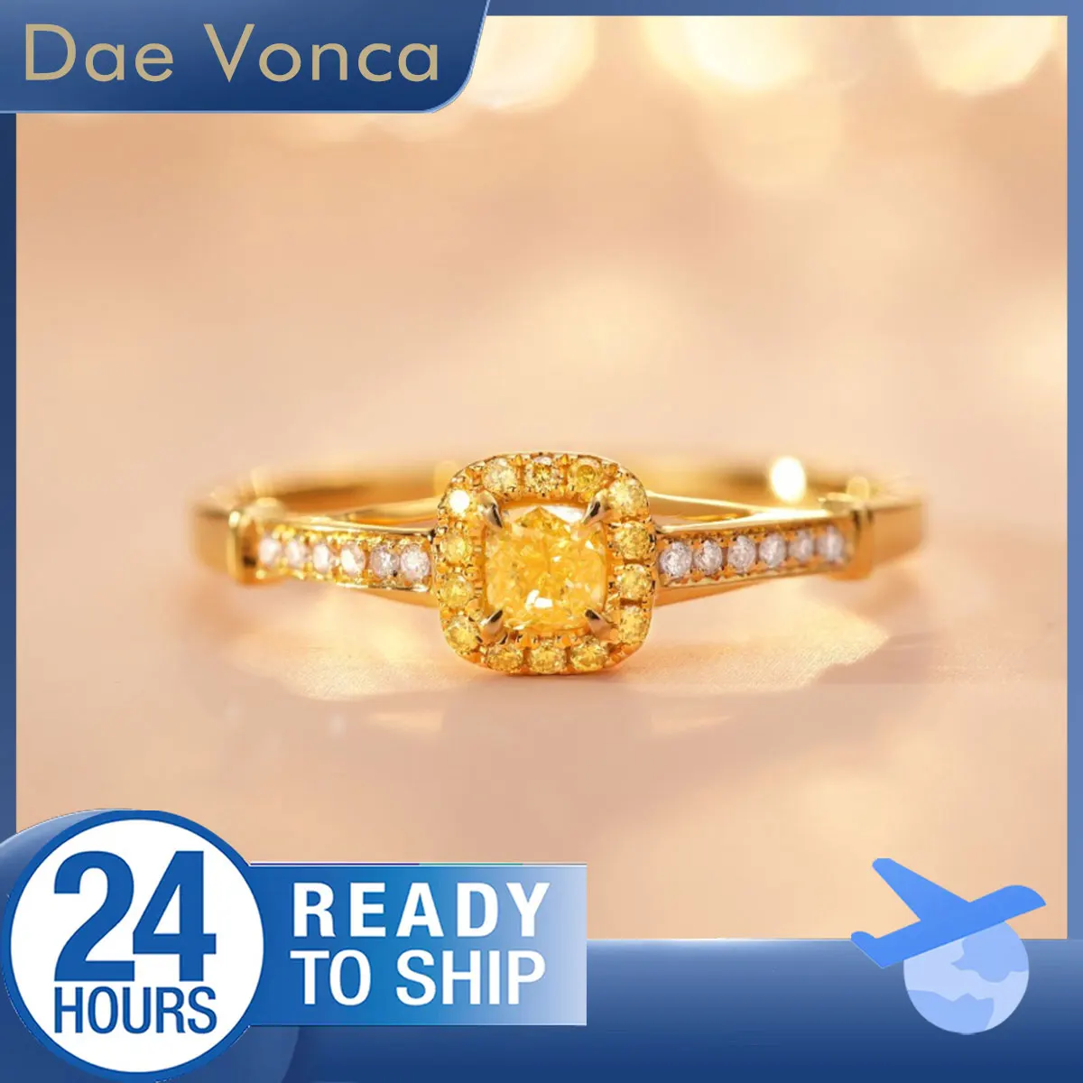 

18K Yellow Gold Classic Sidestone Diamond Ring Basket Set Cushion Natural Yellow Diamond Ring Yellow Halo Ring For Engagement