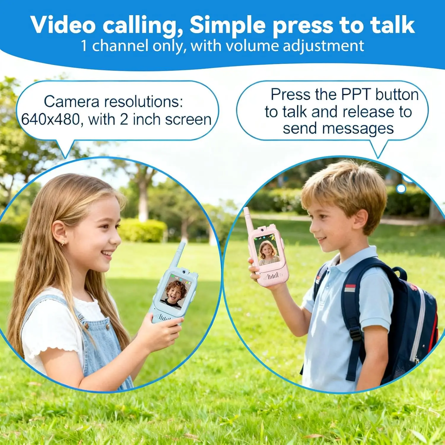 جهاز اتصال لاسلكي للأطفال مزود بفيديو عالي الدقة وكاميرا، قابل لإعادة الشحن عبر USB (650 مللي أمبير)، 4 أوضاع صوتية، نطاق 100-400 متر، تفاعل بين الوالدين والطفل