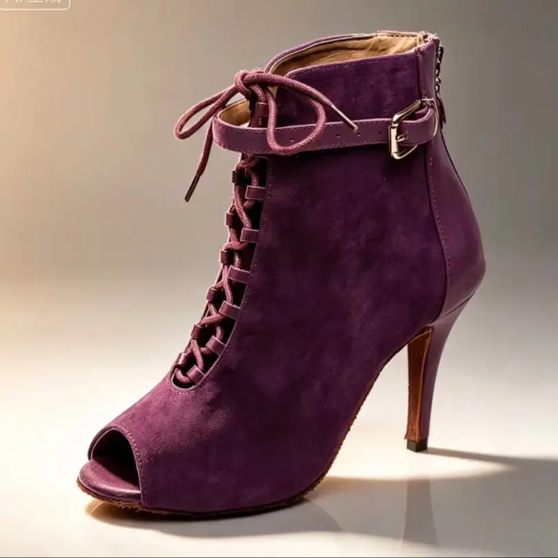 Botines de Baile Latino Morados para Mujer, con Punta Abierta, Cordones, Correa con Hebilla, Cremallera Trasera, para Salsa, Tango, Baile de Salón, Tacón Alto, Estilo Sneaker