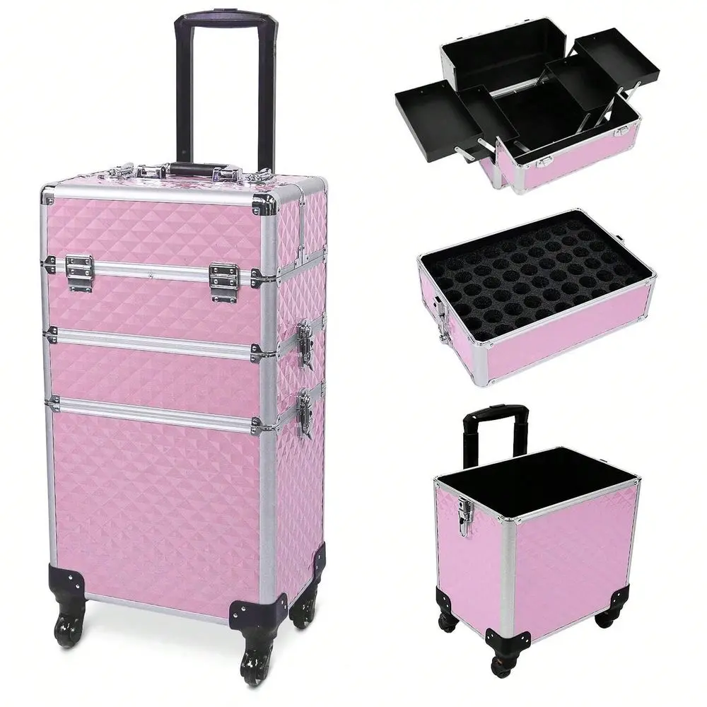 

In 1 Rolling Makeup Train Case Professional Cosmetic Trolley Large Storage With Keys Swivel Wheels Salon Barber Case Traveling