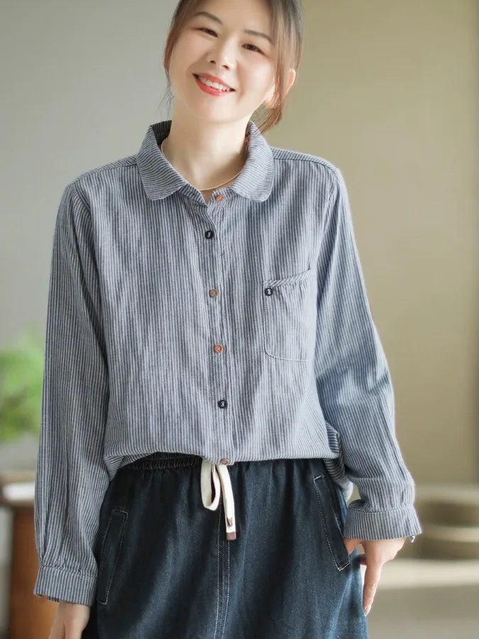 Low Profile Commuting Vertical Stripes Cotton irt Loose Long Sve Damen Faion Retro Sle Atmungsaktives, bequemes Oberteil