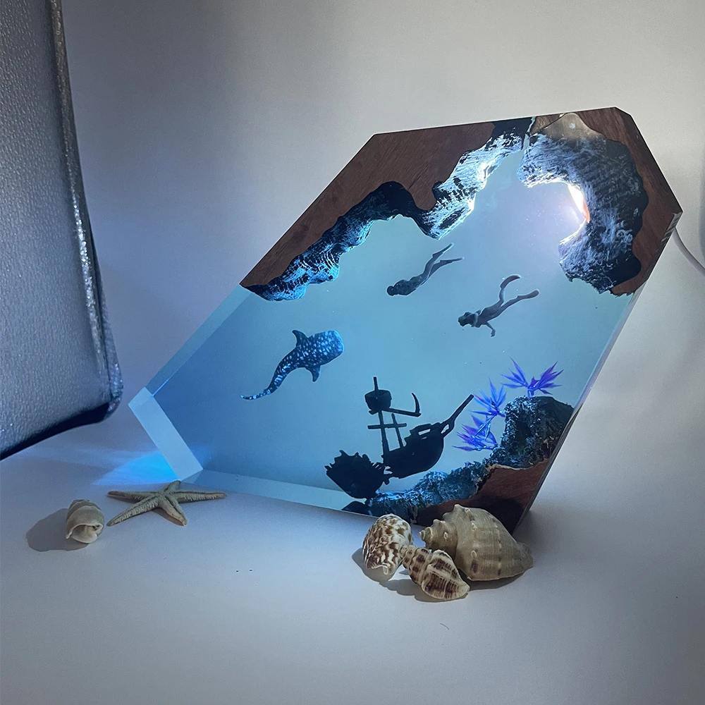 Walvis Duikers Onderzeese Hars Licht Creatieve Kunst Mooi Nachtlampje Ambachtelijke Oceaan Landschap Decoratie USB Sfeer Tafellamp