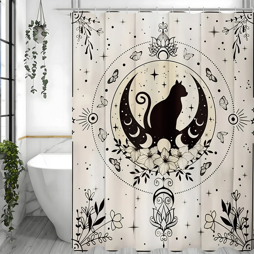 

Black Cat Gothic Moon Phase Butterfly Witch Star Mystery Beige Shower Curtain, Bathroom Decorative Shower Curtain, Waterproof Sh
