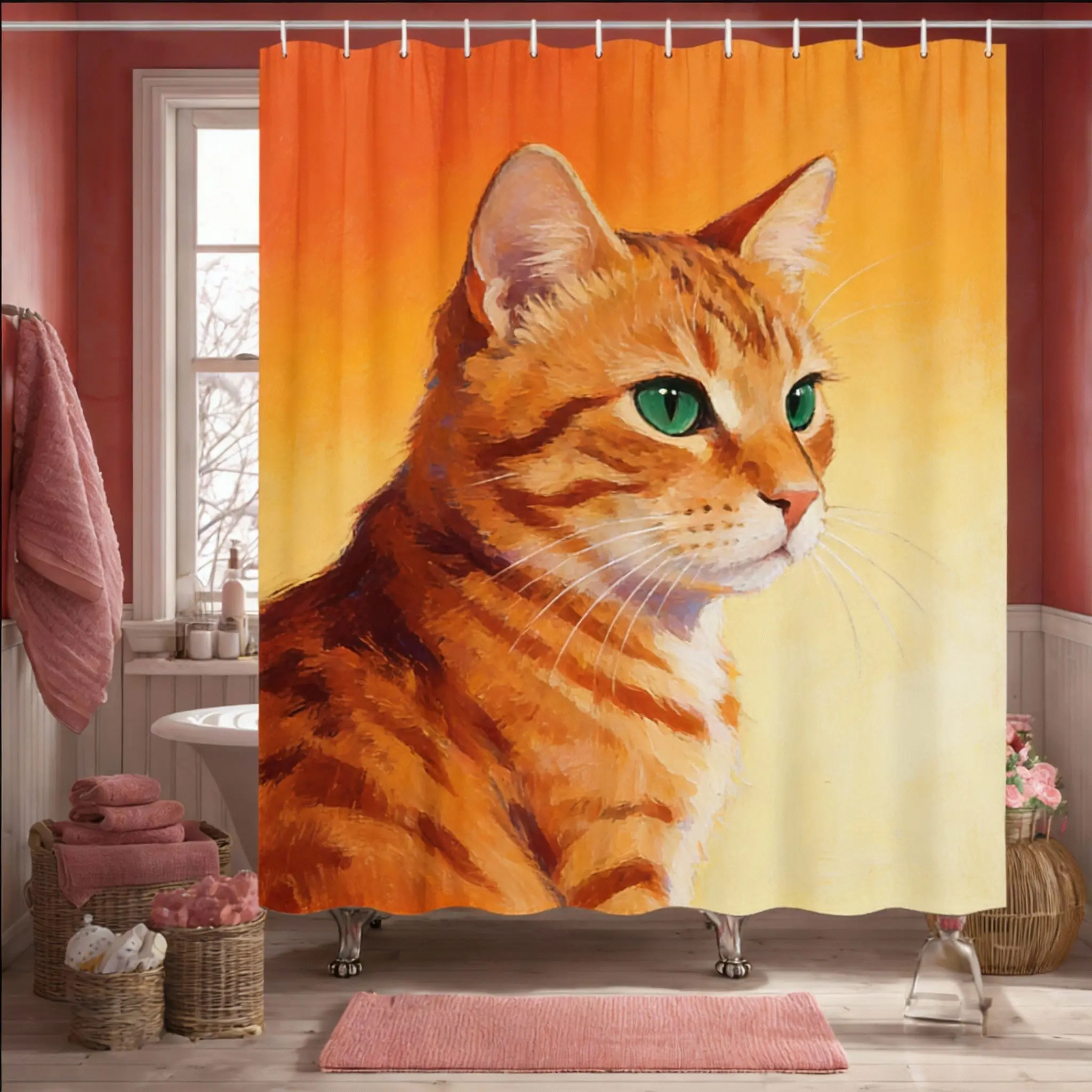Artistic Black Cat Shower Curtain 1pc – Painted Style with Vibrant Colors, Cute Pet-Themed Bath Curtain for Home and Cat Lovers