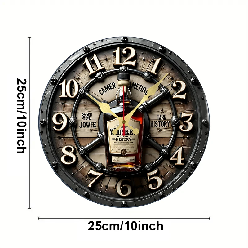 2D Flat Vintage Whiskey Wooden Round Silent Hanging Wall Clock, For Living Room, Office, Study Room, Bedroom, Home Decoration