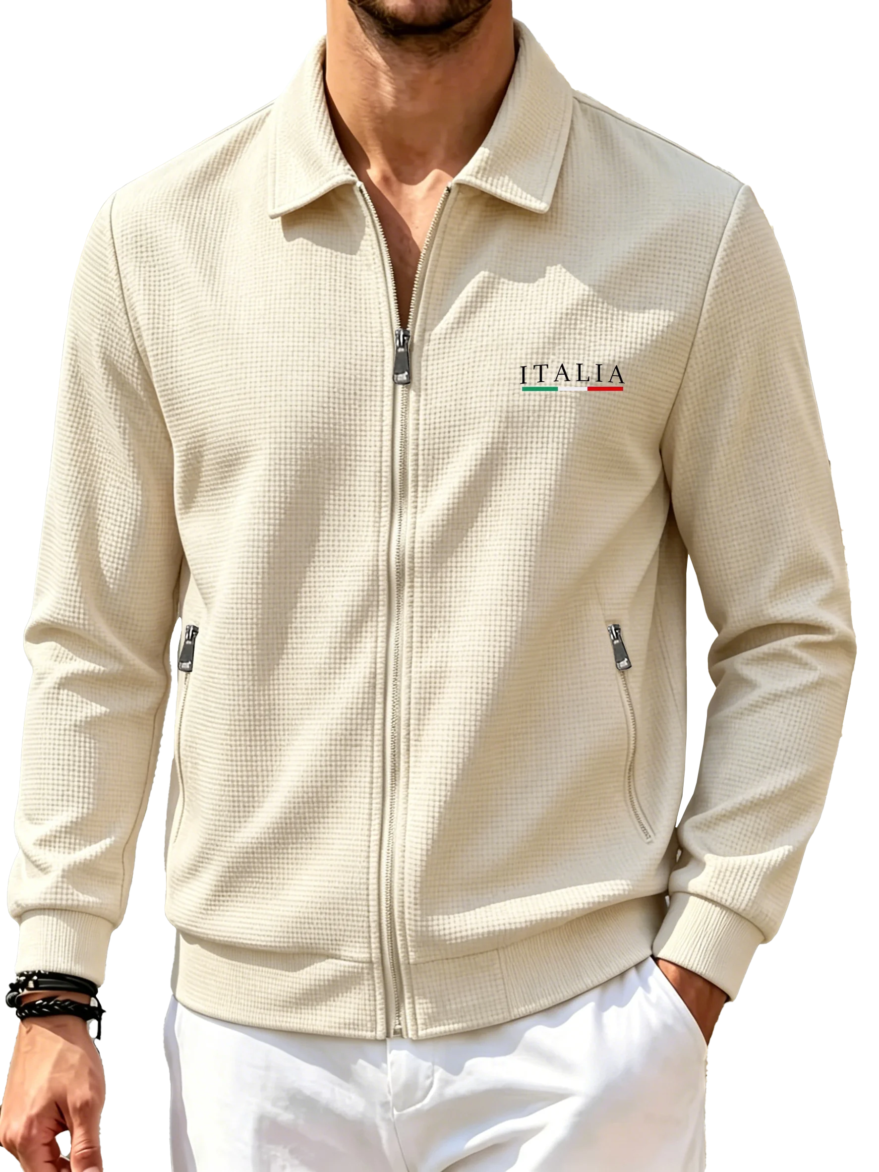 Men's Premium Casual Waffle Lapel Zip up Jacket Logo Detail Spring Autumn Versatile 4 Colors Fashion Outerwear
