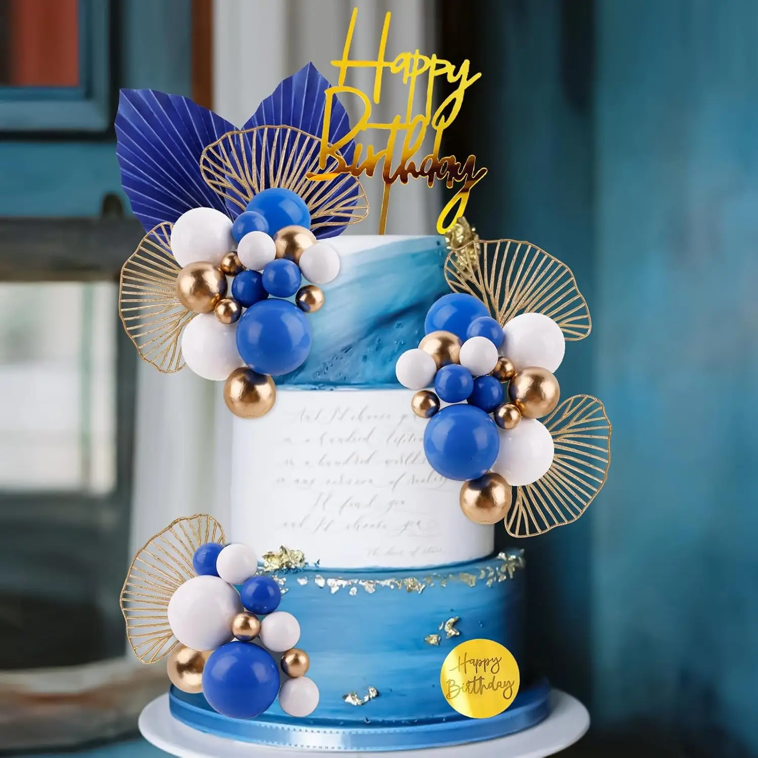 Kuchendeckel aus Weißgold mit goldenen Palmblättern, Boho-Geburtstagskuchen-Dekoration, Ballon-Kucheneinsatz für Geburtstag, Hochzeit, Party – Detail 13