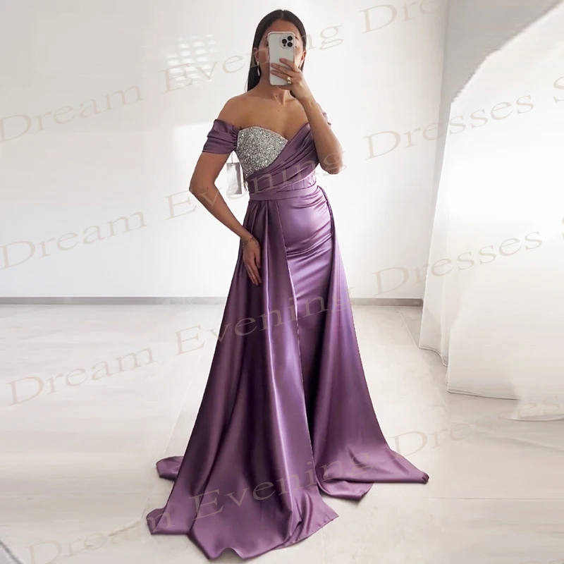 Modne fioletowe damskie suknie wieczorowe Mermaid Popularne suknie wieczorowe Charming Off the Shoulder Beaded Prom Gowns Sleeveless Pleated 이브닝드레스