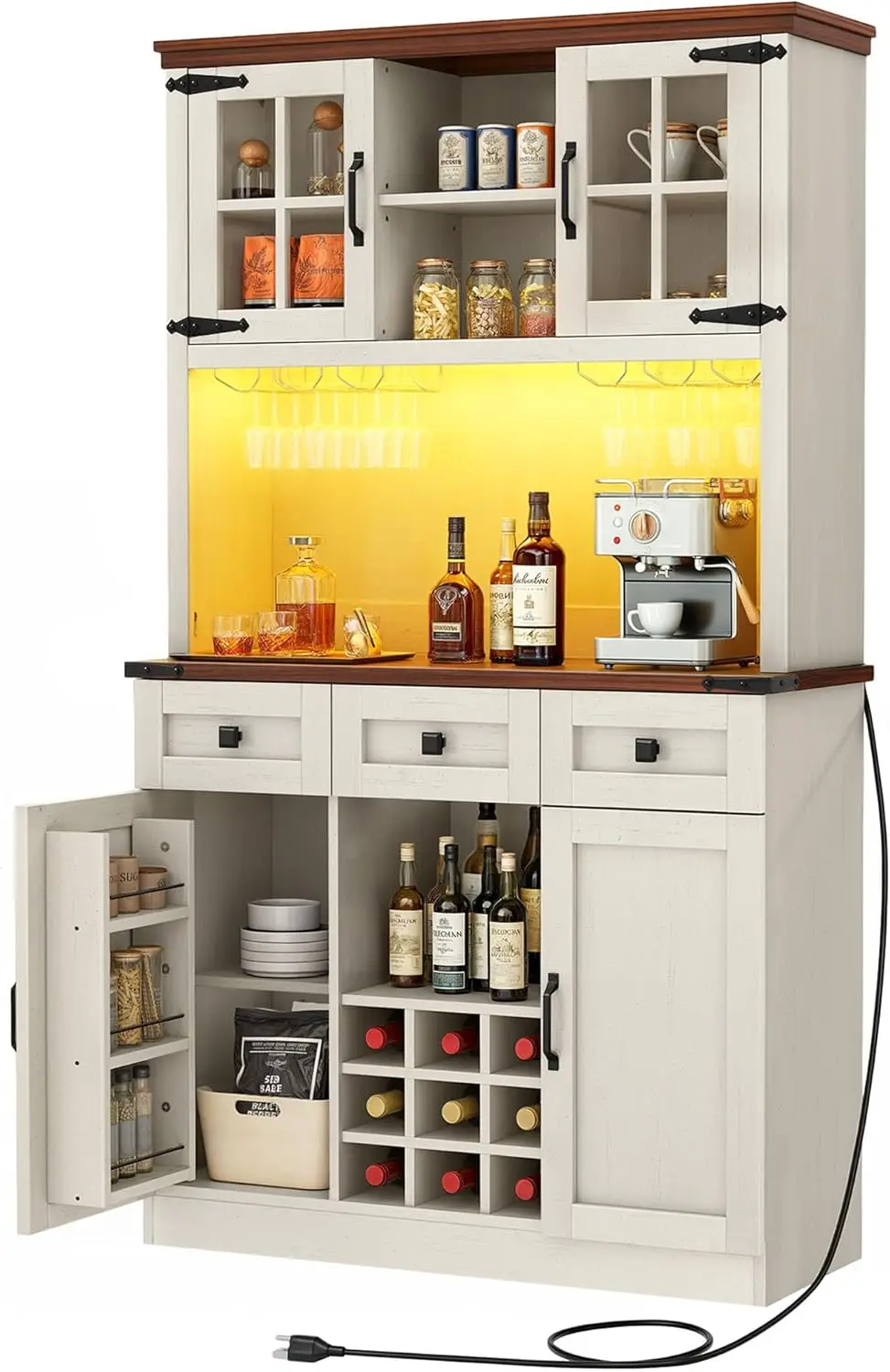 

Dwvo Coffee Bar Cabinet With Power Outlet/Lights, 72"" Farmhouse Pantry Cabinet With Storage Shelves And 3 Drawers, Tall Liquor