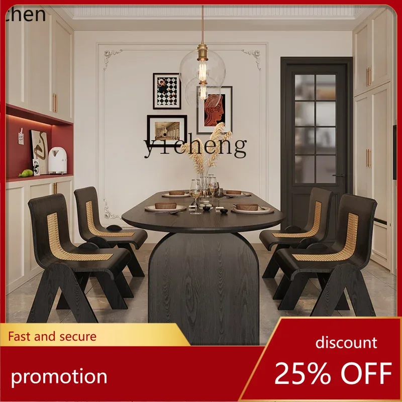 

HXL Oval Black Ash Wood Dining Table Vintage Black Solid Wood Long Desk