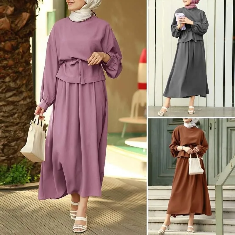 Women Skirts Eid 2 Piece Set Muslim Top Long Skirts Suit Lace Up Modest Ensemble Ramadan Morocco Dubai Arabic A Line Outfits