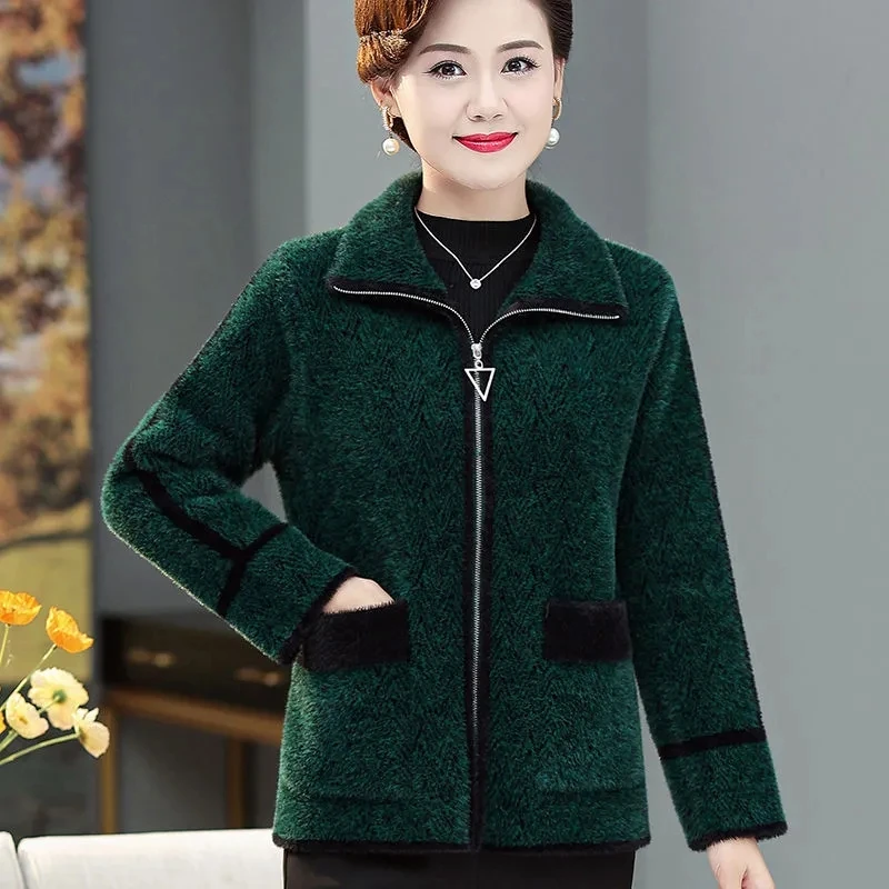 High Quality Mother\'s Winter Jacket Thicken Imitation Mink Cashmere Short Coat Middle Aged Women Knitted Cardigan Woolen Outwear