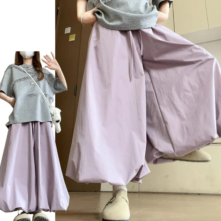 กางเกงขายาวทรงหลวม สไตล์คลาวด์ฟีลลิ่ง สำหรับผู้หญิง ฤดูร้อน 2025 รุ่นใหม่ ไซส์เล็ก ช่วยให้ดูผอมลง ลายดอกไม้