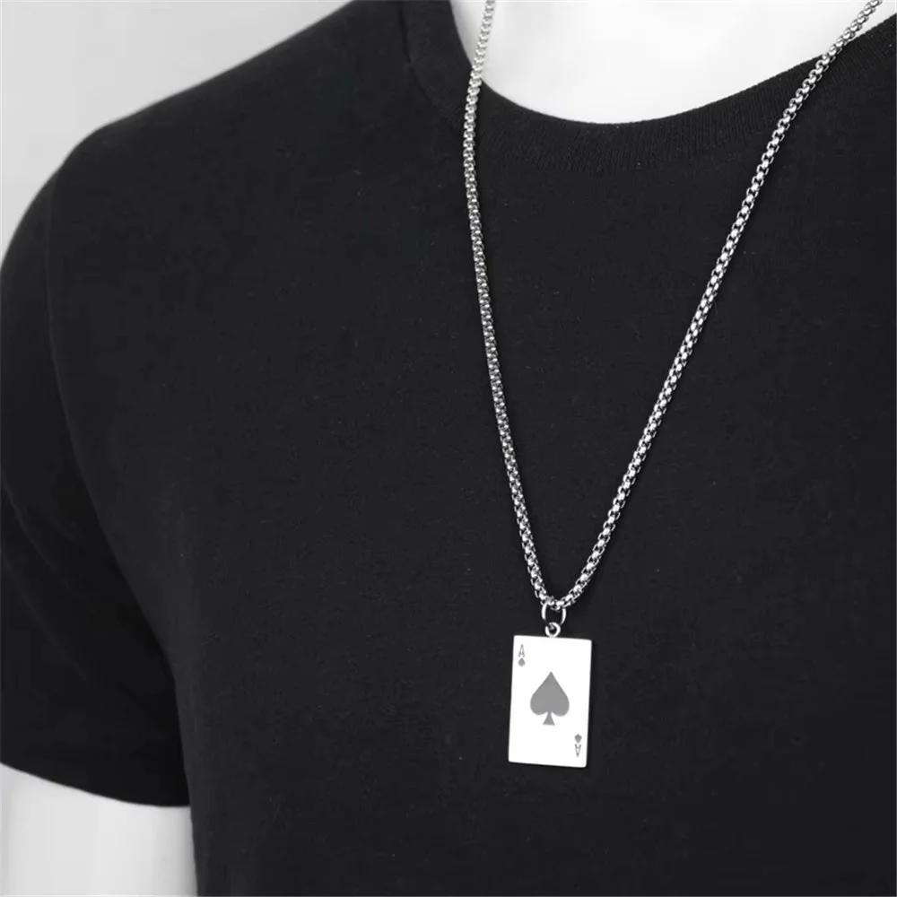 Punk Fashion Playing Card Poker Pendant Gold Silver Color Stainless Steel Ace Of Spade Necklace for Men Women Lucky Jewelry Gift