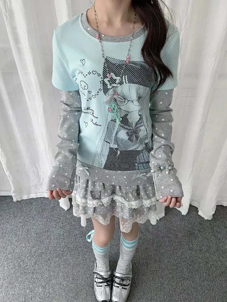 HOUZHOU Harajuku Anime Women T-shirts Kawaii Cutecore Fake Two Pieces Long Sleeve T-shirts Japanese Style Shoujo Aesthetic Tops