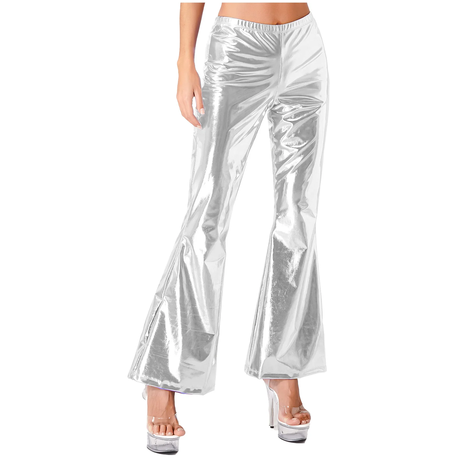 Women 70s Disco 80s Dance Pants Hippie Costume Metallic High Waist Ruffle Trim Flared Pants Bell Bottoms Trousers Mermaid Pants
