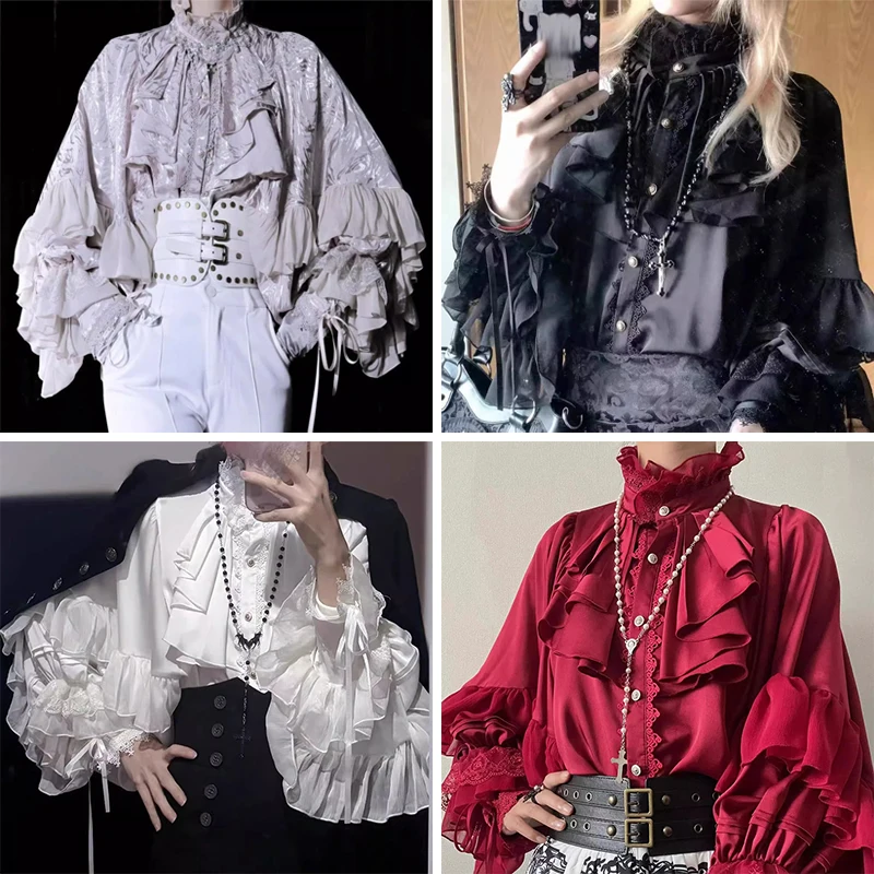 

4 Colors Vintage Japanese Lolita Blouse Women Lantern Sleeve Shirt Y2k Aesthetic Lace Patchwork Tops Cospaly JK Shirt Loose