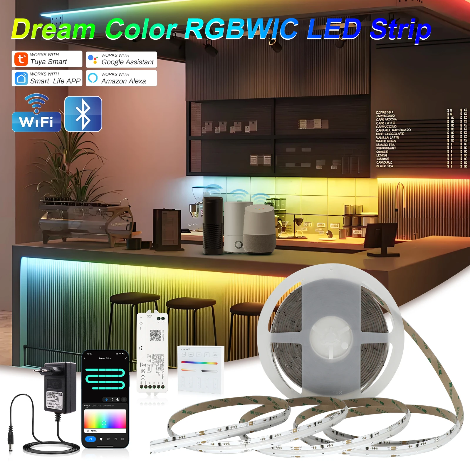 Rgbw Adresseerbare Cob Led Strip Rgb + 3000K Wifi Bt Kit Tuya Smart Life App Remote Support Alexa Goolge Assistent Voice Control