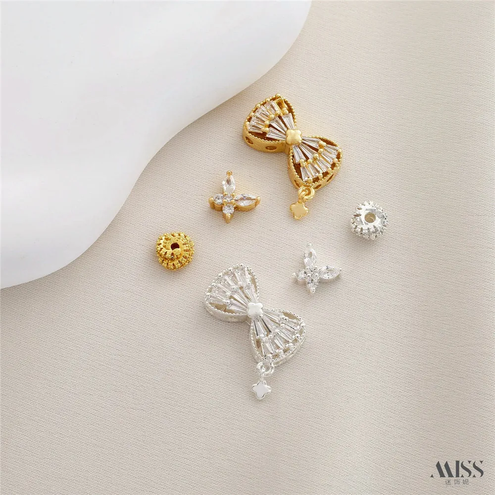 14K Gold-wrapped Hollow Zircon Bow Three-ring Interlocking Bead-separated DIY Bracelet Necklace String Jewelry Accessories