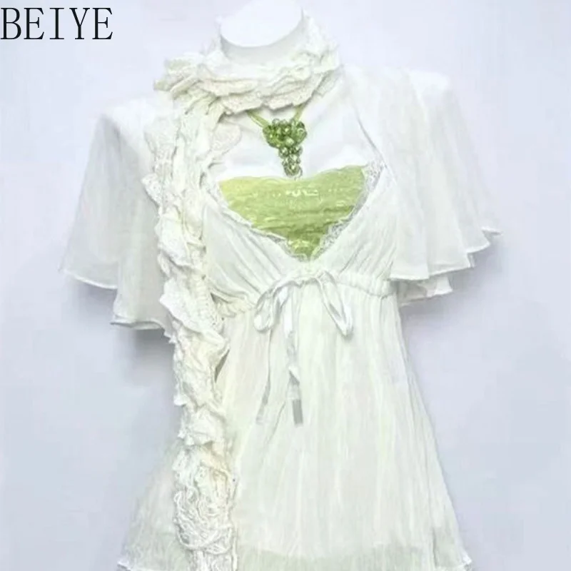 3Pcs Y2K Fairy Outfit White Chiffon Green Heart Lace Camisole Tiered Ruffle Mini Skirt Women Kawaii Summer Beach Wear Suits