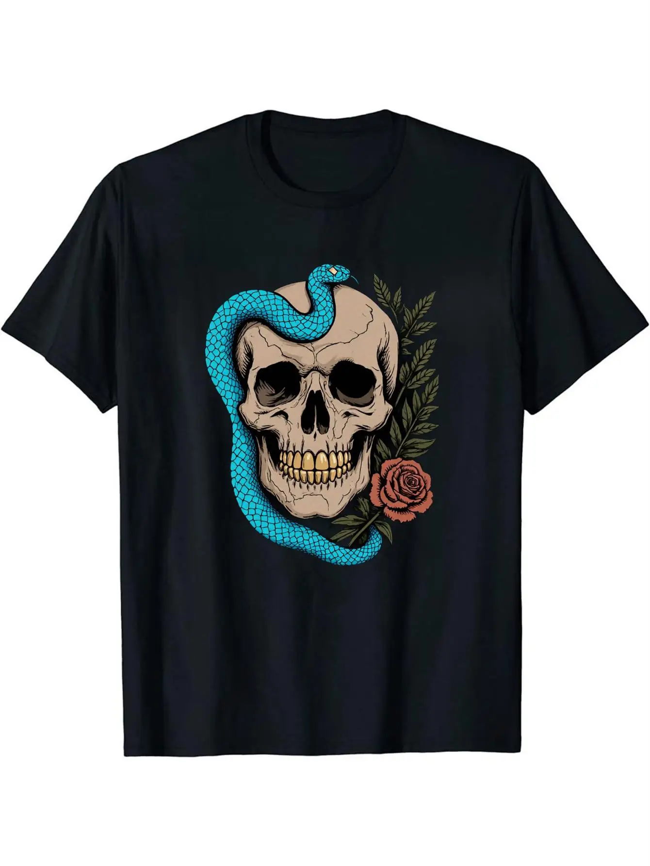 Gothic Men's Black Graphic T-Shirt Skull Blue Snake Rose Leaf Vintage Illustration Print 100% Cotton Heavyweight Short Sleeve Casual Streetwear Tee